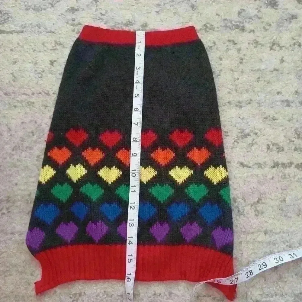 Cozy Knit Rainbow Heart Print Dog Sweater L